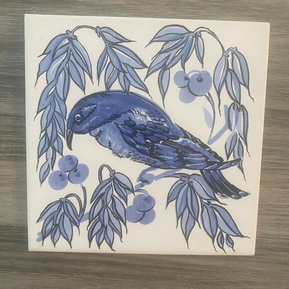 Vintage Collector Ceramic Tile Trivet 6 x 6 Sacavem, Portugal Bird & Berries - Picture 1 of 4